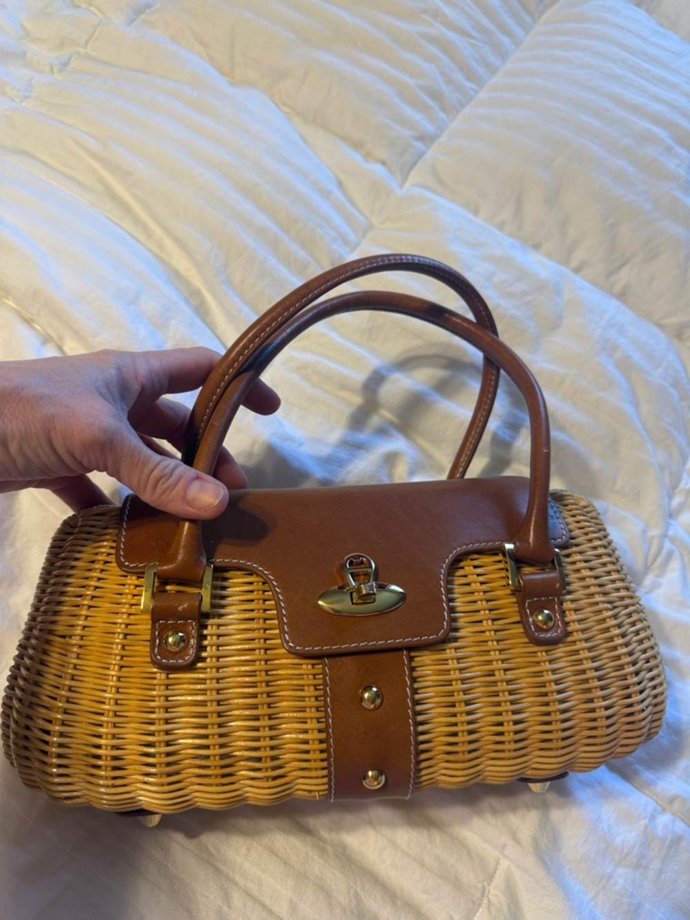 Etienne Aigner Woven Straw and Brown Leather Top-Handle Bag - Picture 9 of 10